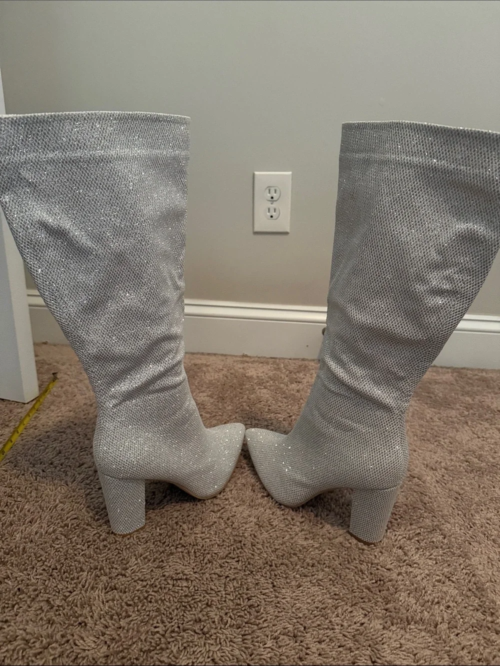 Silver Glitter Over-the-Knee Pointed Toe Boots